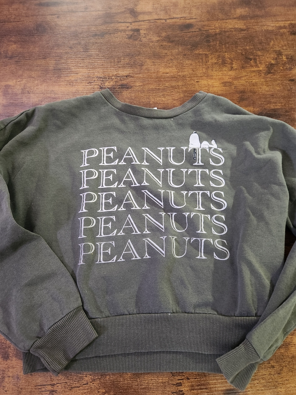 Peanuts Olive Green Logo Crewneck Cropped Sweatshirt- Junior's Large